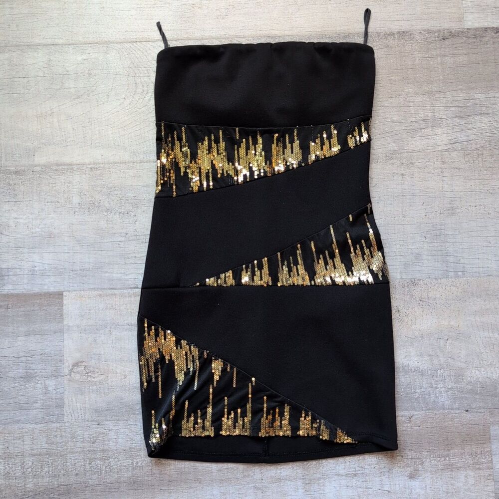 Cefian Women’s Bodycon Black Gold Squin Pattern Mini Dress Size S Sleeveless